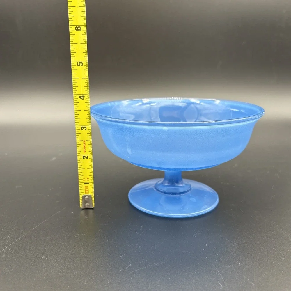 Vintage MCM A.L. Randall Frosted Blue Glass Pedestal Bowl Ribbed Base Compote